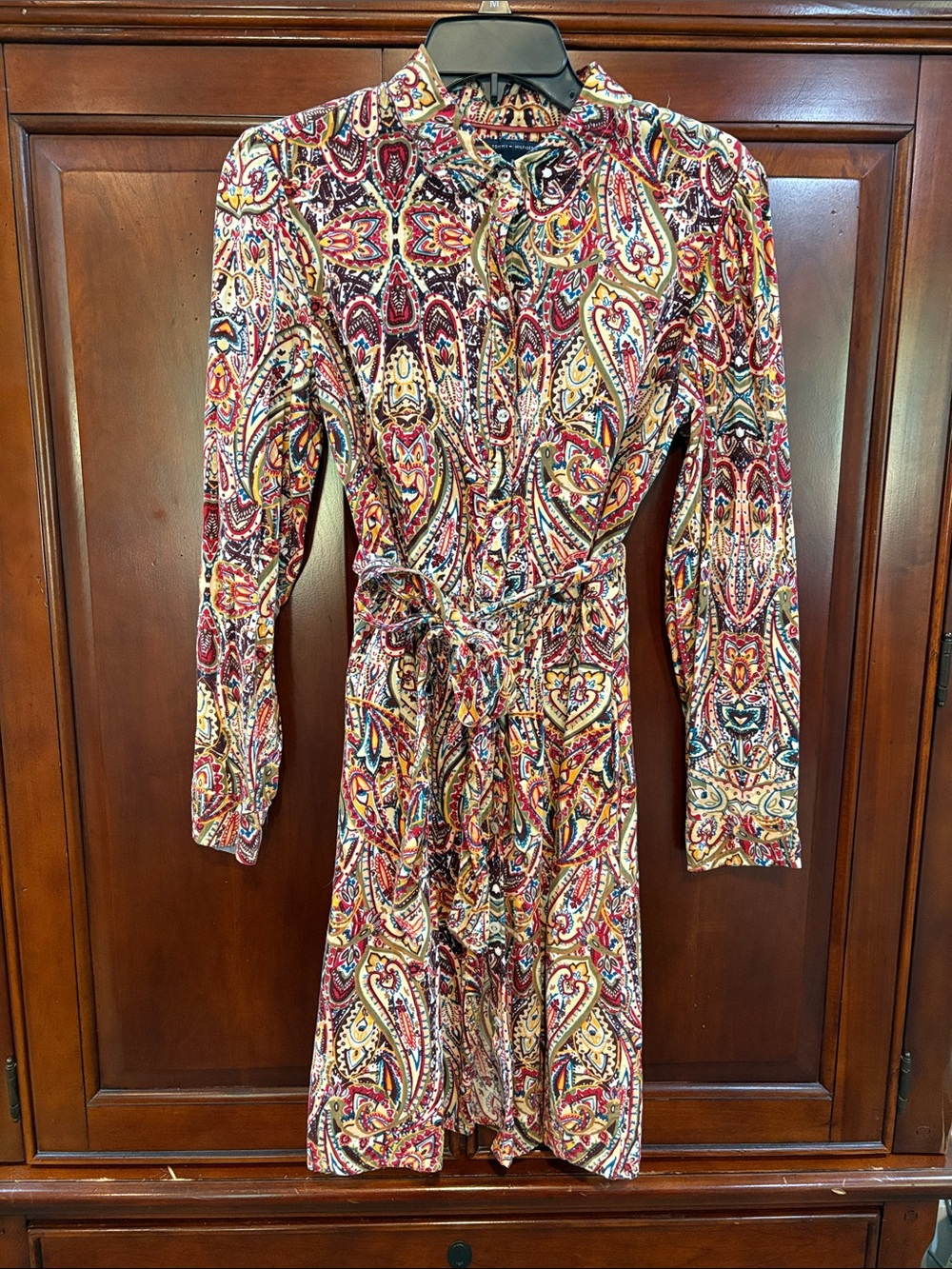 Long-Sleeve Paisley Tie-Waist Dress in Multi